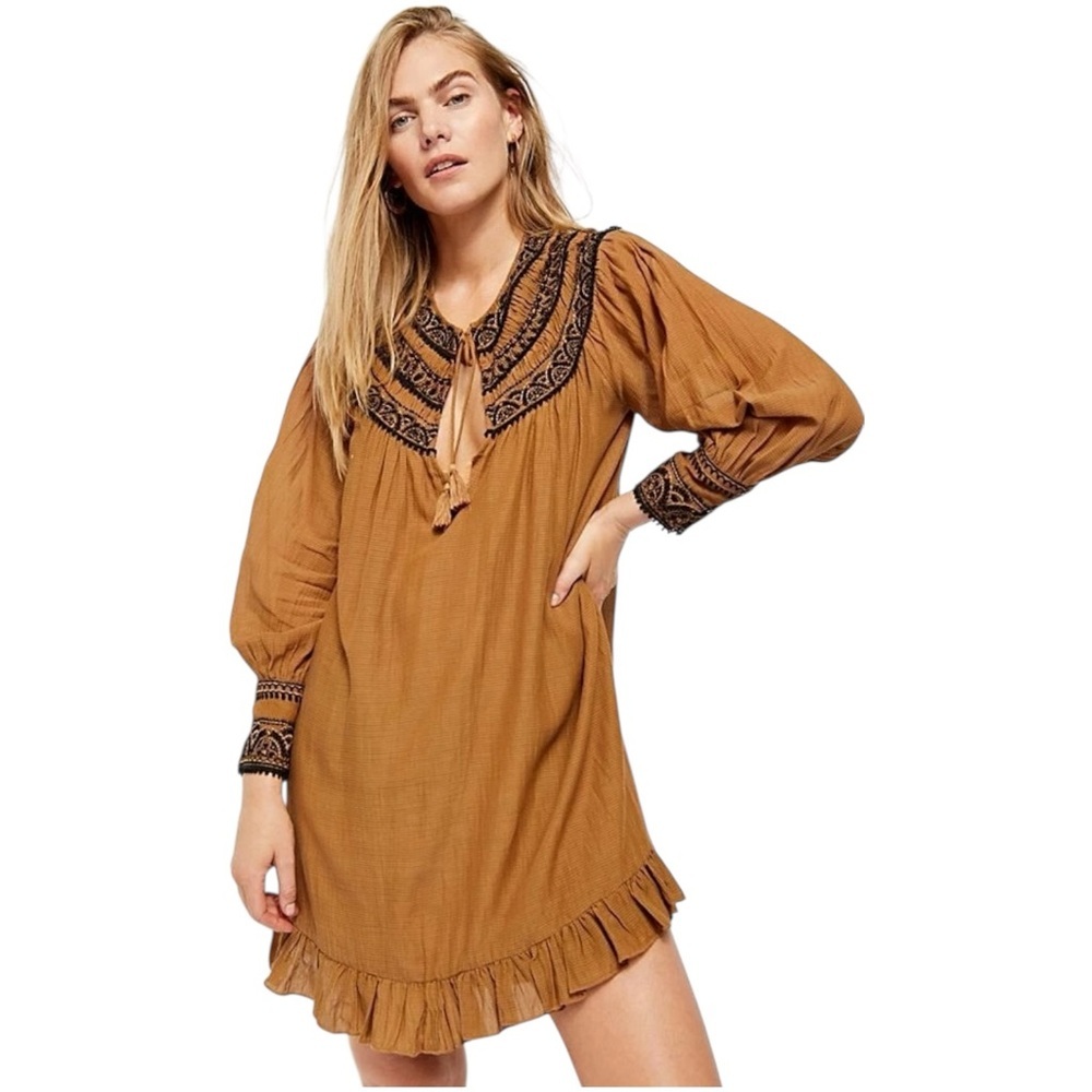 Free People Erin‎ Tan and Black Embroidered Long Sleeve Dress Boho